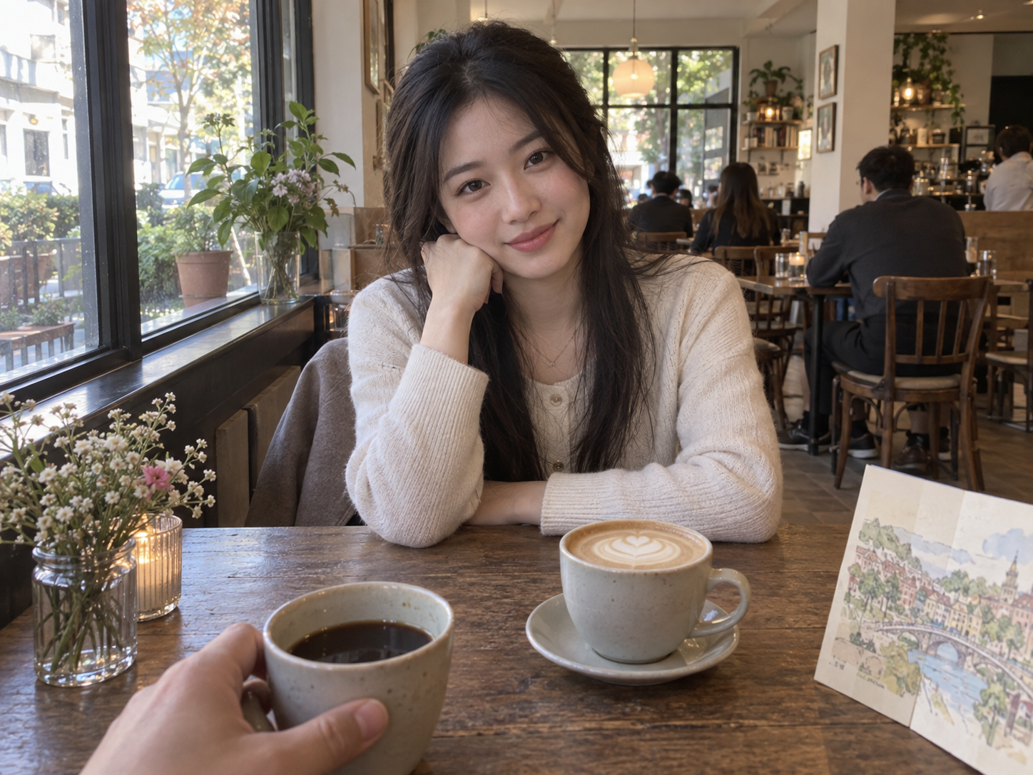 第一视角坐在咖啡馆桌边,桌上放着杯子和地图,对面是虚构成年女性知夏,20岁