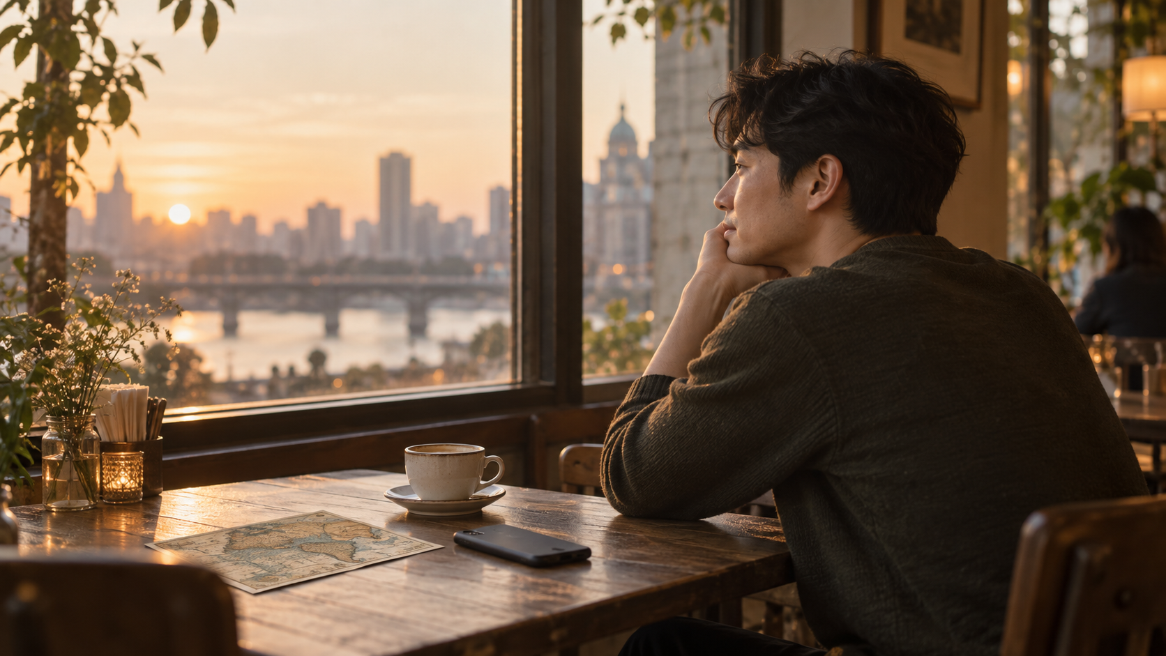 故事插画:一位成年男性在咖啡馆安静地看着手机旁的旧地图